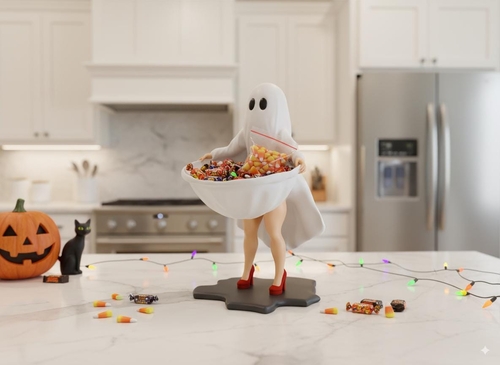 Halloween Ghost Candy Dish – 3D Printed Resin Bowl with Wrapped Candy - Image 3