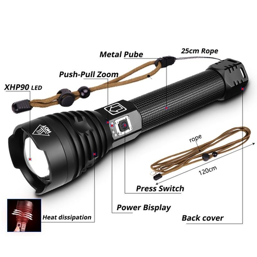 Super Powerful XHP90 LED Flashlight LED Torch USB Lamp Zoom Tactical - Image 2