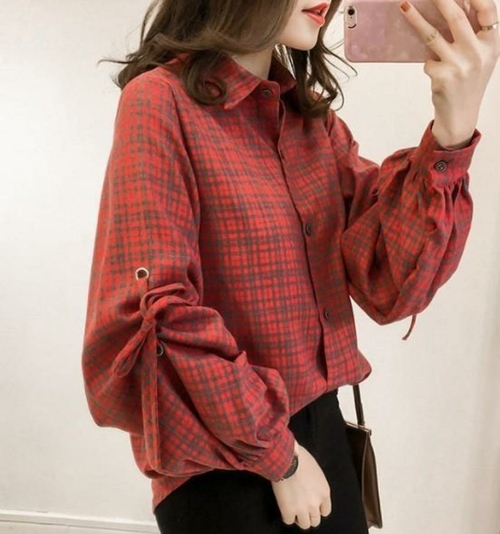 Womens Loose Fit Button Front Bell Sleeves Plaid Shirt - Image 4