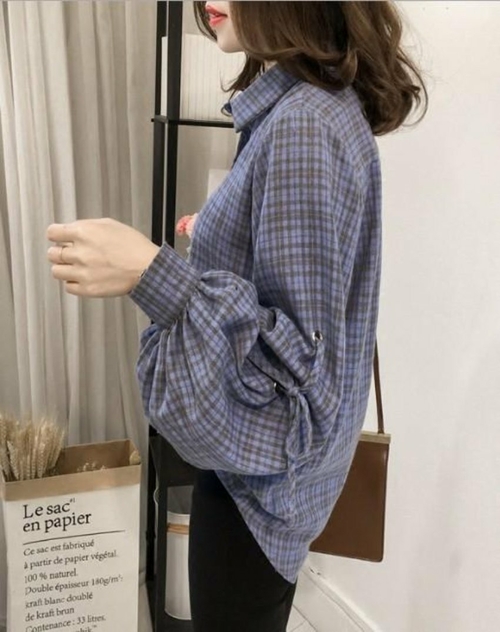Womens Loose Fit Button Front Bell Sleeves Plaid Shirt - Image 3