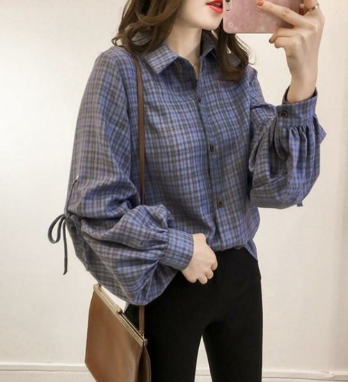 Womens Loose Fit Button Front Bell Sleeves Plaid Shirt - Image 5