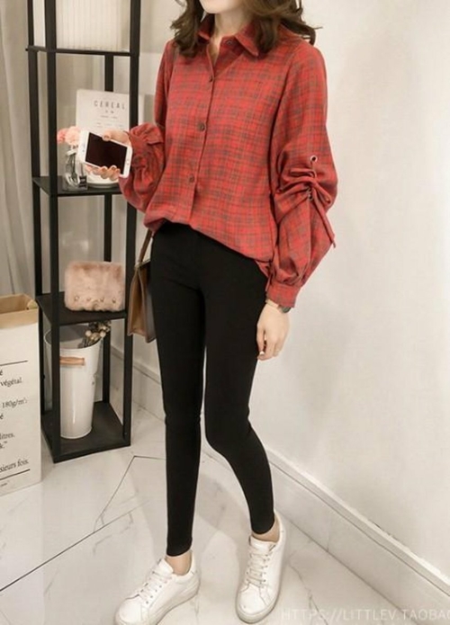 Womens Loose Fit Button Front Bell Sleeves Plaid Shirt - Image 2