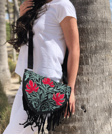 Handmade Green and Red Suede Embroidered Heart Shaped Bag