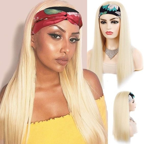 Straight 1B/613 Headband Human Hair Wigs For Black Women Blonde Scarf - Image 2